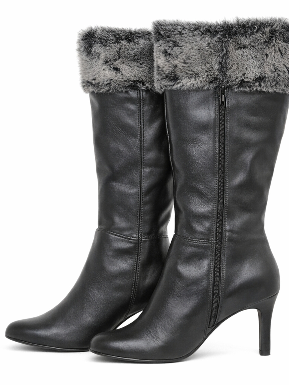 Staccato Black Mid-Calf Faux Fur Cuff Leather Heeled Boots